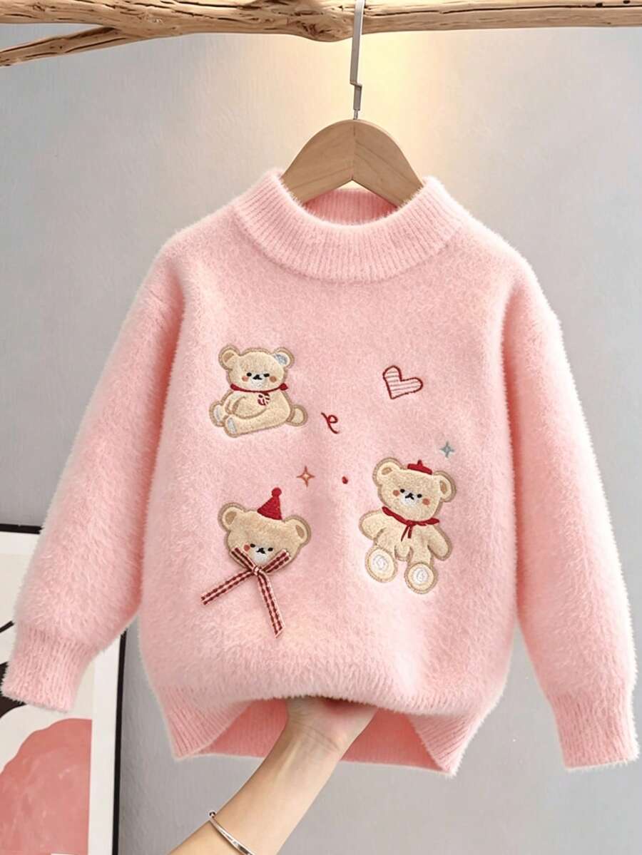 Girls' Pullover Sweater, Faux Mink Knit, Cartoon Design, Autumn/Winter New Style, Young Girl' Knit Sweater - White - View 1