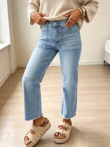 Women's Casual Light Wash Denim Jeans, Long Straight Leg Design, With Button And Pocket Details, Non-Stretch Fabric, Suitable For Daily Wear - Light Wash - View 4