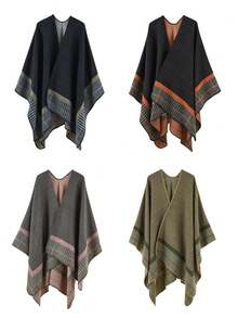 1pc Men's Colorblock Plaid Trim Warm Cape Shawl, Loose Windproof Long Woven Cardigan Coat, Multiple Colors Available - Multicolor - View 6