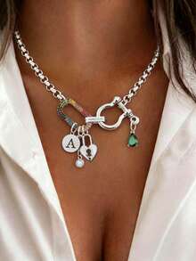 1pc Silver Letter Necklace, Luxury Oval Double Buckle Heart-Shaped Lock Diamond Pendant Necklace, Exquisite Holiday Party Gift For Women - Silver - View 7