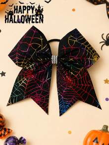 1pc Halloween Gradient-Colored Spider Web Print Bow Hair Tie,Rhinestones Decor,Elegant Fashion Exquisite Hair Tie,Halloween Party Hair Accessory,Kids - Multicolor - View 1