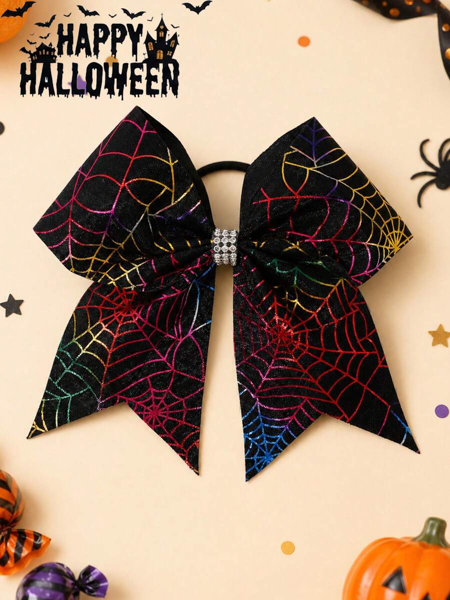 1pc Halloween Gradient-Colored Spider Web Print Bow Hair Tie,Rhinestones Decor,Elegant Fashion Exquisite Hair Tie,Halloween Party Hair Accessory,Kids - Multicolor - View 1