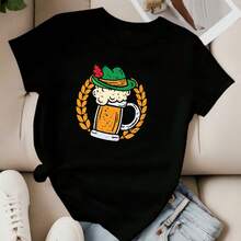 Distressed Graphic Cotton Short Sleeve Tee, Funny Hat Beer Mug Print Crew Neck Top, Casual Get‑Together Summer Oversized T‑Shirt For Women - Black - View 2