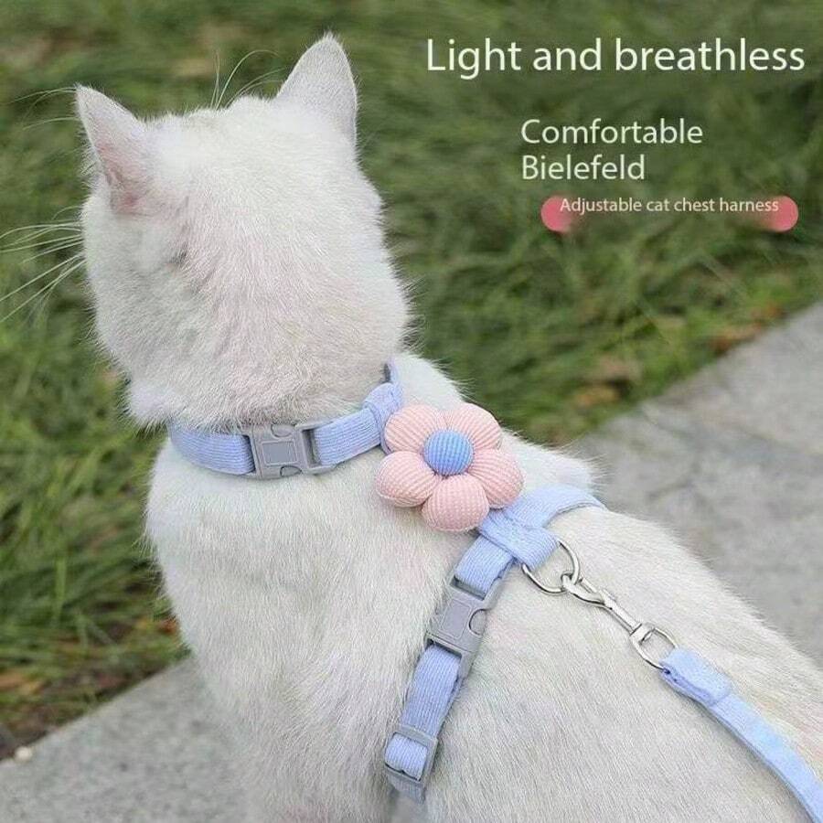 Cat Supplies, Cute Floral Cat Leash Set, Adjustable Anti-Escape Cat Harness, Outdoor Cat Walking Pet Leash - Blue - View 1
