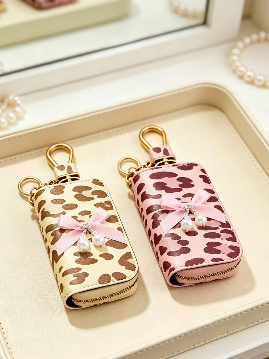 Multi-Functional Key Bag, Adorned With Pearl Bow Decorations, Leopard Print Key Pouch, Zipper Key Storage Bag, Car Key Chain, Compact Key Wallet, Key Chain, Zipper Key Storage Bag, Halloween Gift, Teacher's Day Gift, Small Gift, Key Chain, Key Chain, Suitable For Women, Car Key Chain, Suitable For Men Mini Wallet - Multicolor - View 1