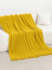 1pc Wavy Pattern Acrylic Knit Throw Blanket, Nordic Style Rectangular Solid Color Sofa Cover Bed Decorative Blanket Nap Blanket With Tassels - Yellow Vertical Three-curve Stripes - View 2