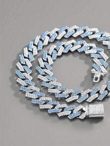 CVNANA 1pc 15MM European & American Fashion Hip Hop Rhinestone Chain Necklace, Versatile Personalized Men's & Women's Hiphop Bracelet Jewelry, Zinc Alloy Jewelry - Blue - View 13