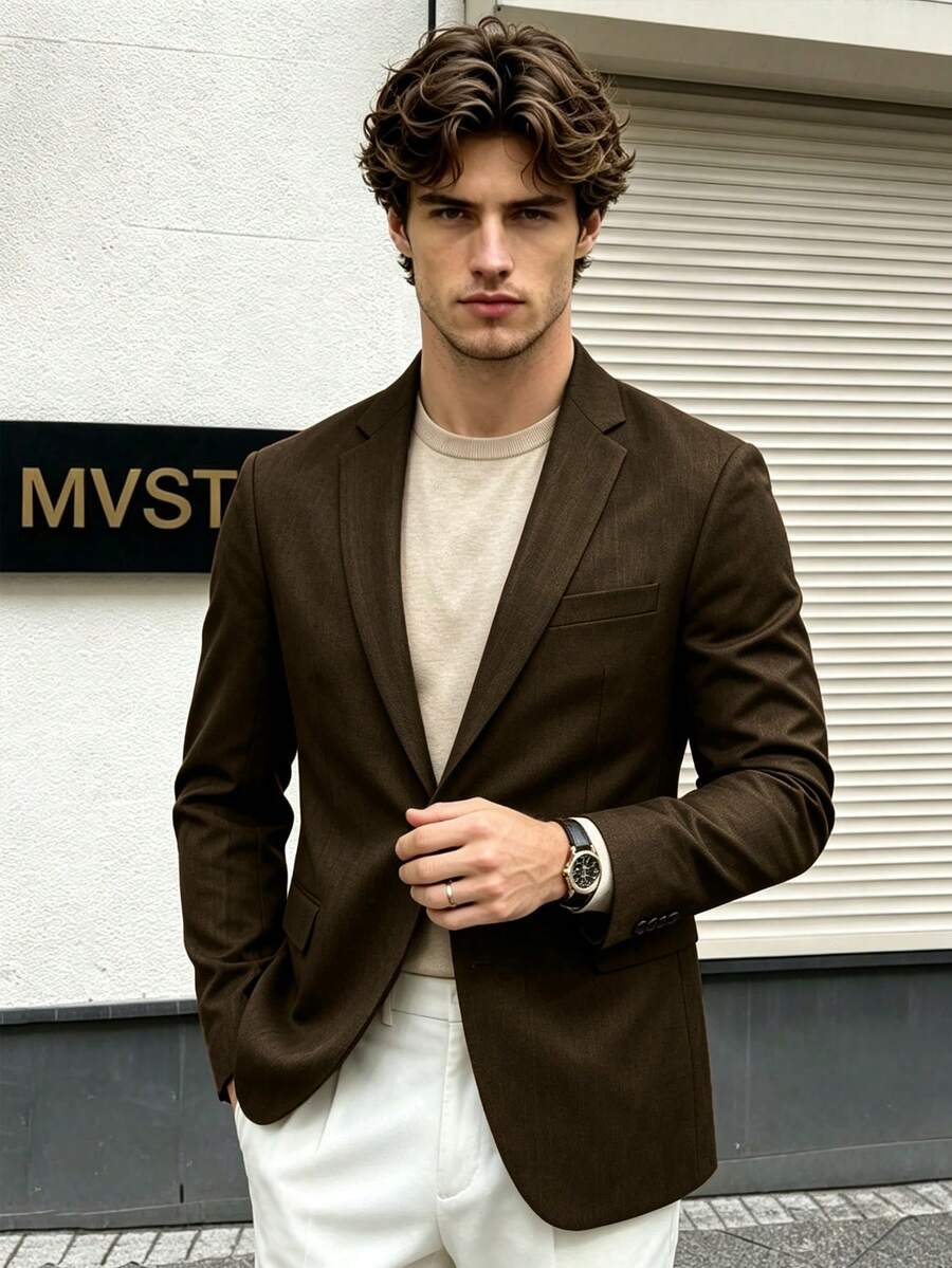 Men's Solid Color Casual Commute Travel Suit Jacket - Brown - View 1