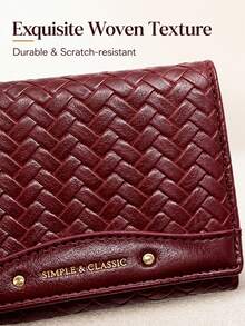 Women's Wallet, Compact Cute Coin Purse, Tri-Fold Burgundy Woven PU Leather Wallet, Multi-Card Slots With Snap Closure - Burgundy - View 3