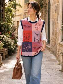 New Spring/Summer Women's Round Neck Sleeveless Tank Top, Cartoon Colorful Cat Print, Colorblock Knit Trim, Suitable For Daily Wear Fall - Apricot - View 3