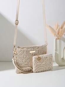 2 Pieces Shoulder Bag Set With Small Wallet, Floral Pattern, Hollow Woven Crochet Design, Adjustable Shoulder Strap, Casual Daily Shoulder Bag, Women's Fashion Lightweight Handbag - Apricot - View 3