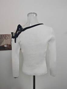 Elegant White Asymmetrical Shoulder Contrast Color Long Sleeve Knit Sweater, Slim Fit Inner Layer Top For Women, Autumn/Winter Sweater, Halloween - White - View 8