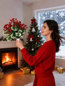 10pcs/5pcs/1pc Artificial Christmas Red Berry Holly Leaf Decorative Branch, Artificial Christmas Bouquet, Christmas Tree Decoration, Christmas Decor, Holiday Table Centerpiece, Suitable For All Seasons - Perfect For Christmas - Multicolor - View 8
