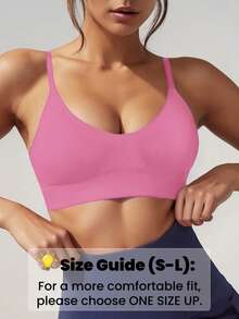 1pc Solid Color Casual Racerback Sports Bra For Women, Seamless Comfortable Spaghetti Strap Sexy V-Neck Fashion Sports Bra Camisole Fall - Hot Pink - View 3
