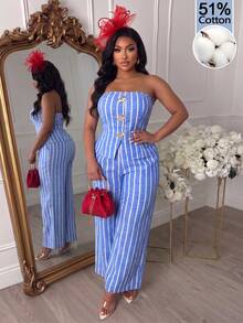 AIJ Amarilo Autumn Plus Size Casual Women's Blue Striped Bandeau Front Button Top And Wide Leg Pants 2 Pieces Set, Suitable For Party, Daily, Commute, Holiday Wear - Light Blue - View 9