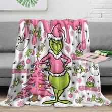 The Grinch Soft & Comfortable 1pc Pink Tree Black Background Modern Flannel Christmas Nap Blanket - Christmas Tree, Deer, Snowflake, Snowman - Polyester Nap Blanket - Digital Print Craft, Suitable For Sofa, Bed, Travel, Office Home Decor - Multicolor - View 4