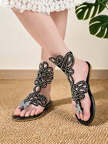 1 Pair Girls' Elegant Rhinestone Hollow-Out Gladiator Thong Sandals, Adjustable Ankle Strap Outdoor Walking Shoes - Black - View 5