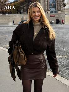 ARA CHIC Women Fall Brown Faux Leather Mini Skirt, Back Elastic Waist Invisible Zipper Bodycon Short Skirt For Club Going‑Out Daily - Coffee Brown - View 5