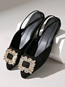 Black Suede Square Rhinestone Buckle Pointed Toe Back Strap Flat Shoes Women's Rhinestone Square Buckle Low Vamp Party Mule Shoes - Black - View 1