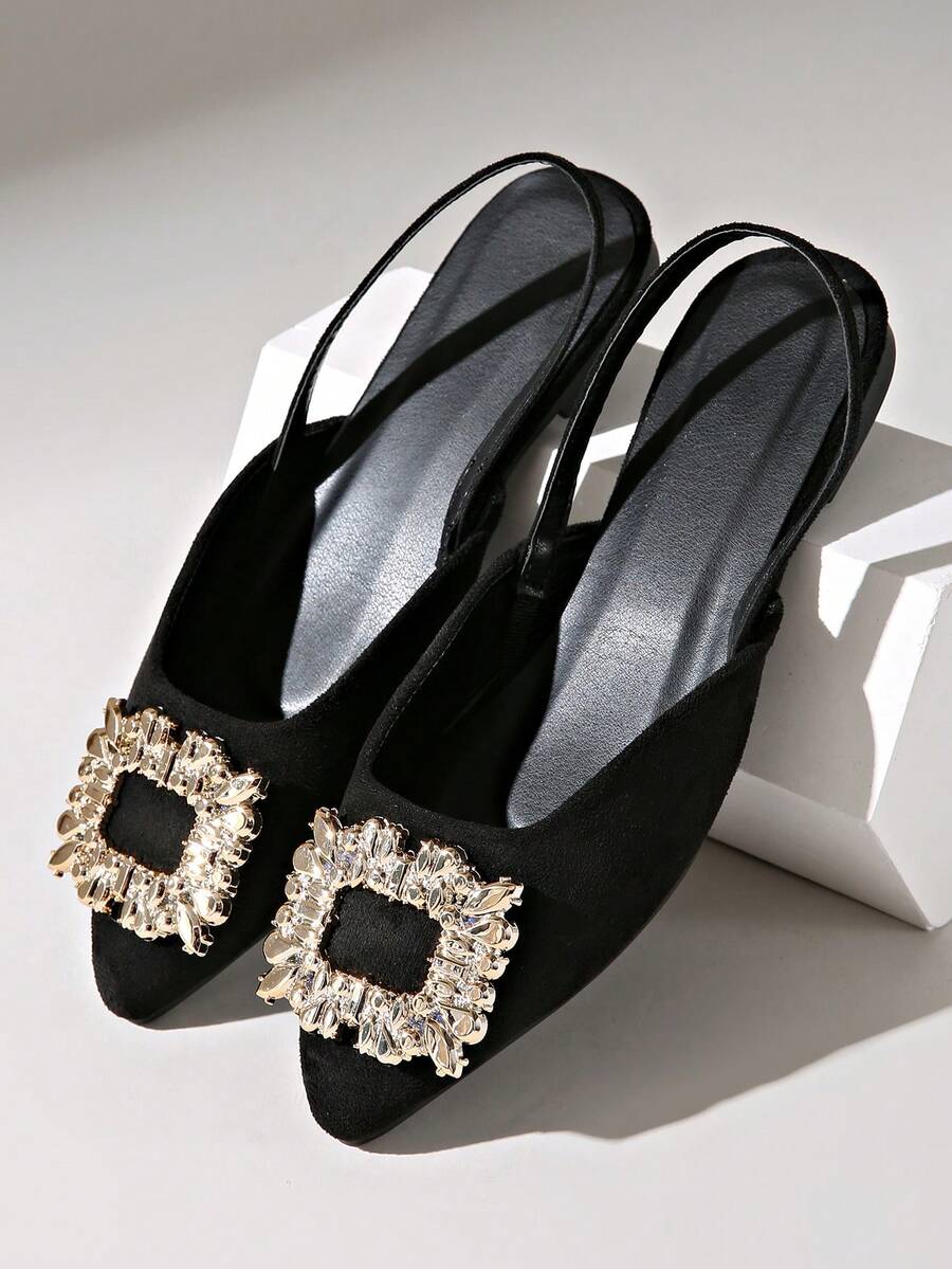 Black Suede Square Rhinestone Buckle Pointed Toe Back Strap Flat Shoes Women's Rhinestone Square Buckle Low Vamp Party Mule Shoes - Black - View 1