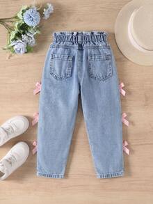 1pc Girls Distressed Tapered Jeans With 3D Bow Decor, Elastic Waist Loose Tapered Denim Pants For Casual Daily Wear - Light Wash - View 2