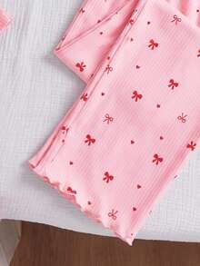 Girls 2-Piece Bow Print Pajama Set, Pink Ribbed Square Neck Long Sleeve Top + Ruffle Wide Leg Pants, Soft Comfortable Loungewear - Pink - View 7
