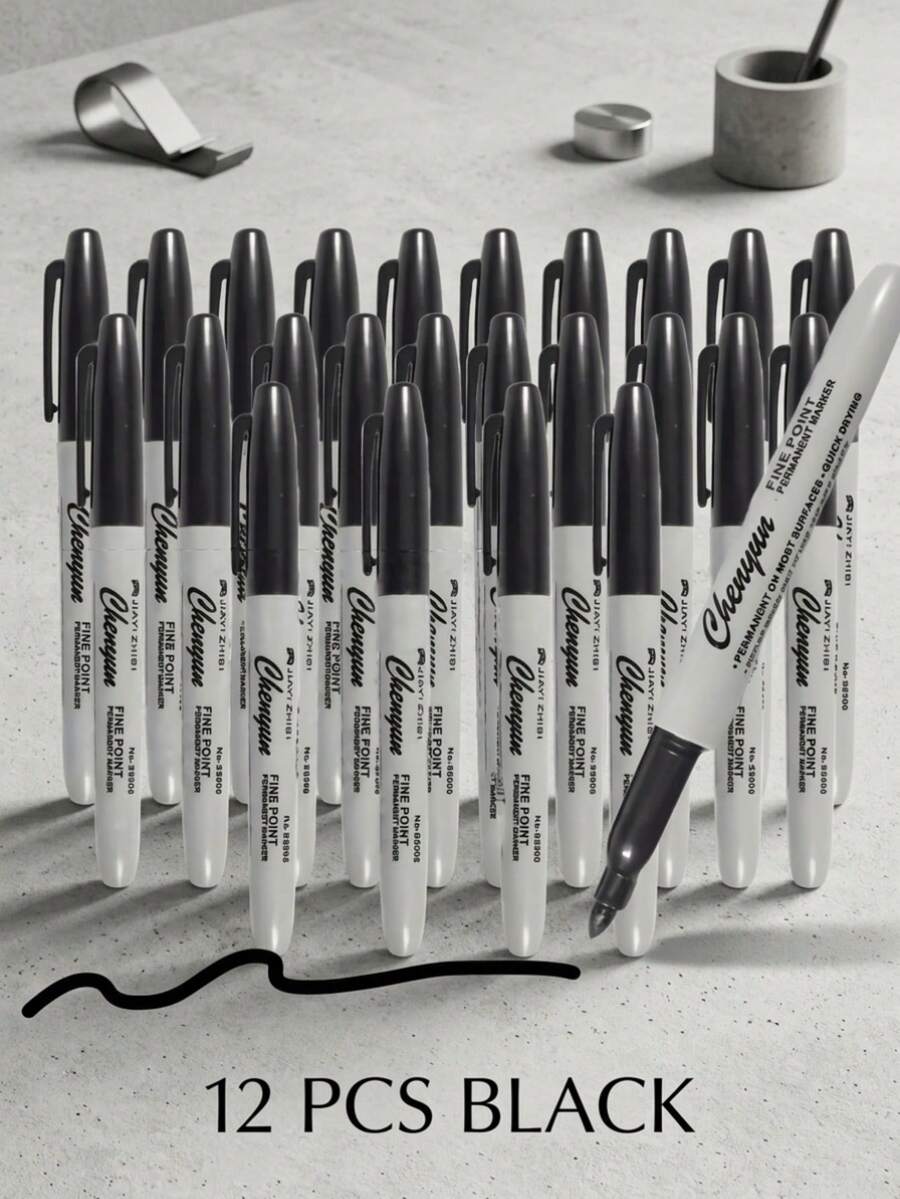 12 Fine Tipped Permanent Waterproof Black Markers, Perfect For School Supplies, Offices, And Gift Packaging | Fashionable Design, Measurement Analysis, Marking And Recording, Suitable For Painting And Poster Making, Student Gifts, And Back To School