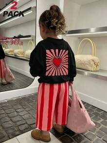 2pcs/Set Vintage Cute Baby Girl Sportswear, Heart Burst Print Sweatshirt + Striped Wide Leg Pants, Toddler Spring/Autumn Outfit - Black - View 1