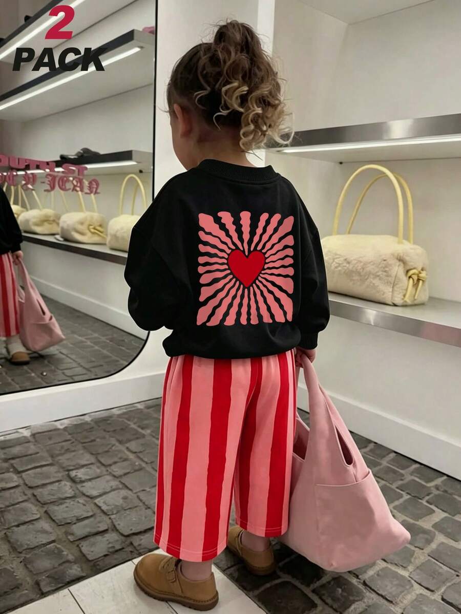 2pcs/Set Vintage Cute Baby Girl Sportswear, Heart Burst Print Sweatshirt + Striped Wide Leg Pants, Toddler Spring/Autumn Outfit - Black - View 1