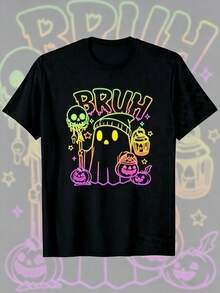 Nd S Halloween "Bruh" Ghost Pumpkin Round Neck Short Sleeve T-Shirt - Neon Horror Skull Halloween Costume Women Jacket Women Autumn Clothing Women New - Black - View 1