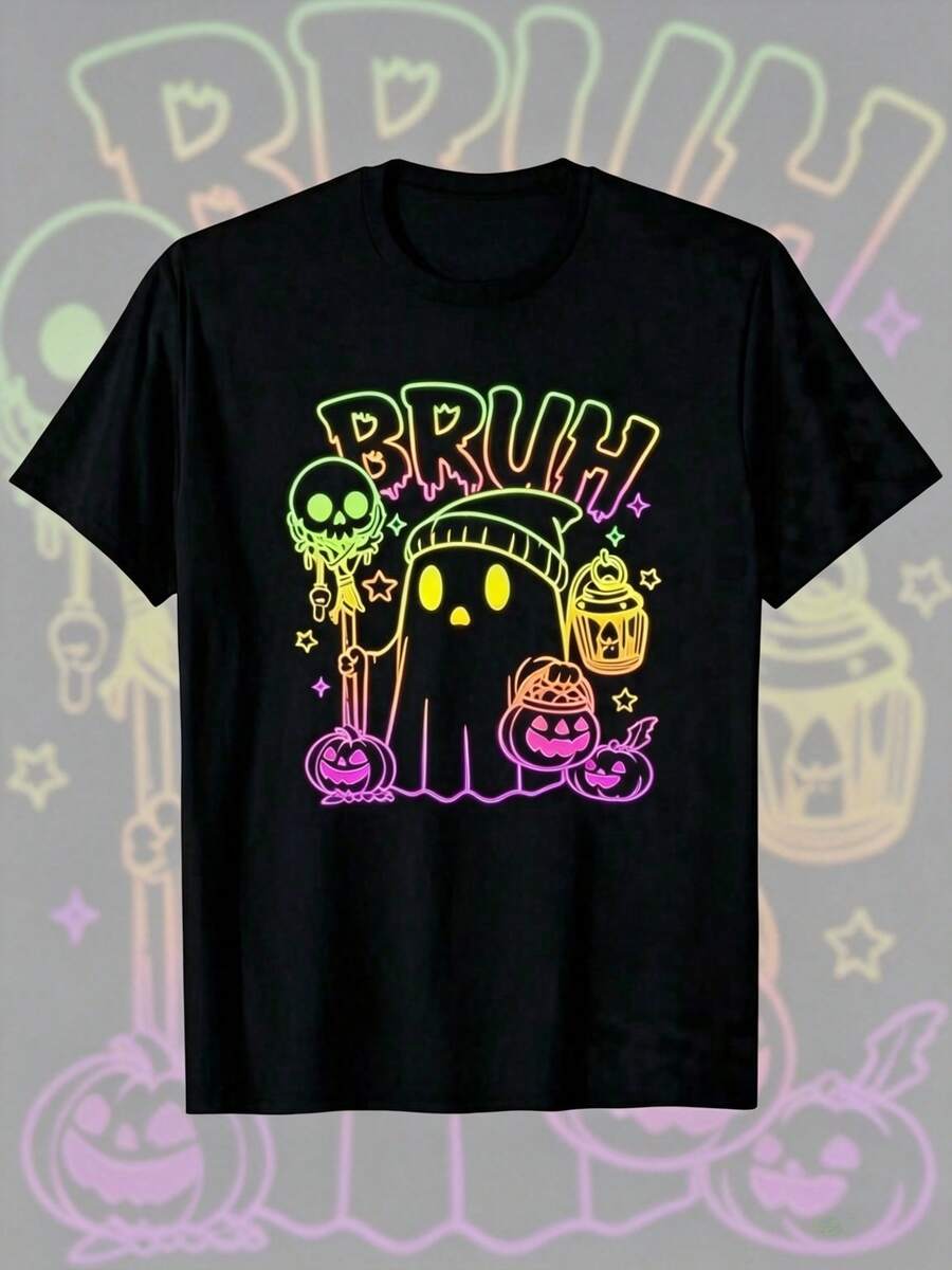 Nd S Halloween "Bruh" Ghost Pumpkin Round Neck Short Sleeve T-Shirt - Neon Horror Skull Halloween Costume Women Jacket Women Autumn Clothing Women New - Black - View 1