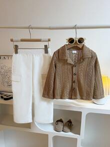 2pcs/Set Boys Vintage Lapel Hollow Button Long Sleeve Top + Pocket Wide Leg Pants Set, Daily Outdoor, Autumn - Brown - View 2