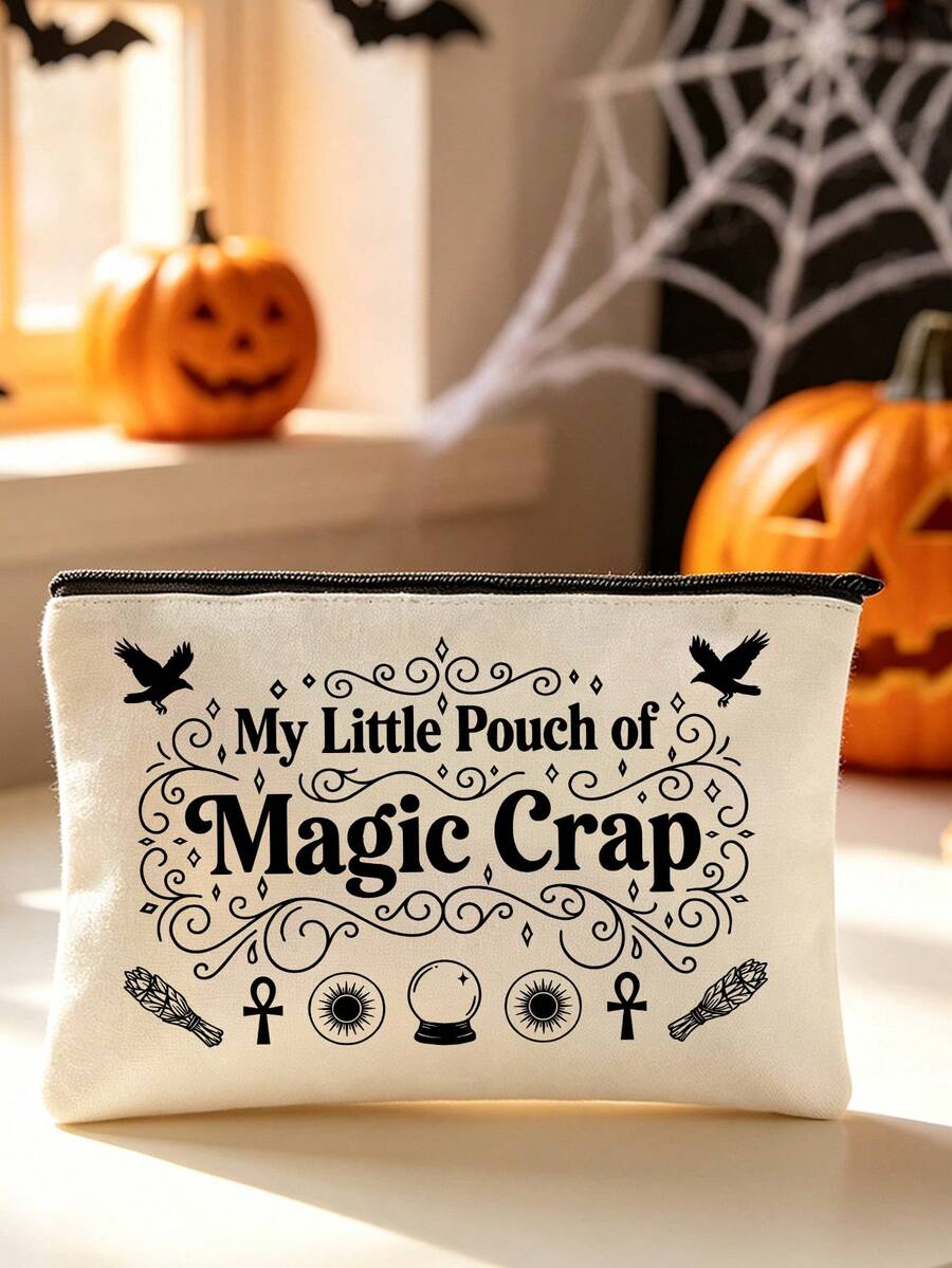 Witchy Printed Halloween Makeup Bag, Featuring Elements Such As Bats And Pumpkins, A Large Capacity Toiletry Bag, Multifunctional Storage Bag - Multicolor - View 1