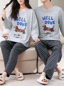 2pcs/Set Men's Pajamas Loungewear Set, Pullover Round Neck Couple Style Cute Animal Print Long Sleeve Long Pants Comfortable Home Wear - Grey - View 1