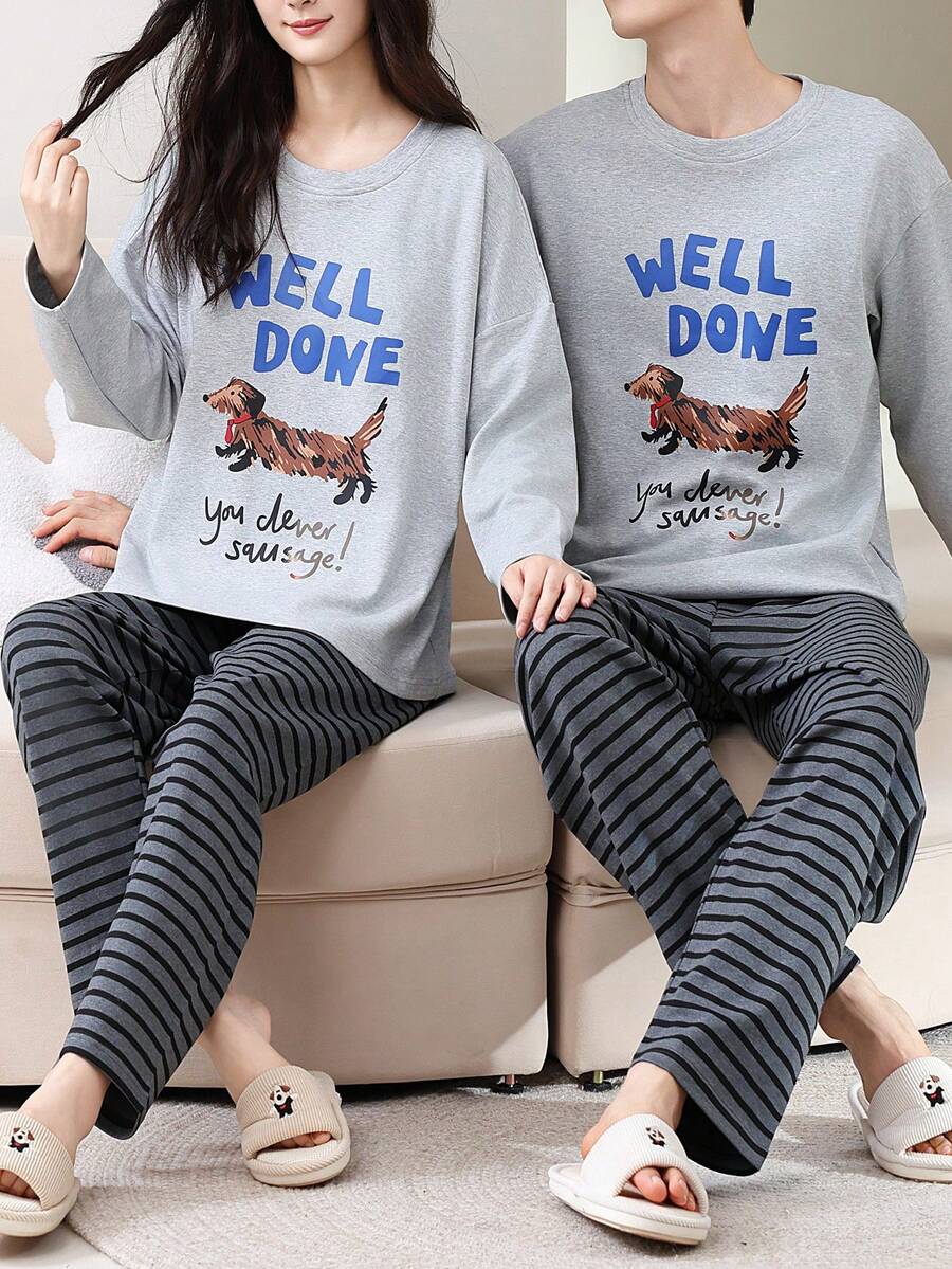 2pcs/Set Men's Pajamas Loungewear Set, Pullover Round Neck Couple Style Cute Animal Print Long Sleeve Long Pants Comfortable Home Wear - Grey - View 1