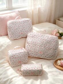 1pc/Set Pink Floral Print 4pcs Travel Luggage Organizer Set, Zippered Clothing Storage Bags, Portable Suitcase Organizer, Multi-Size Storage - Pink - View 3