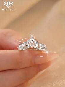 1pc Minimalist Fashion Cubic Zirconia Crown Copper Alloy Open Ring, Suitable For Women's Wedding And Party Wear - Silver - View 1