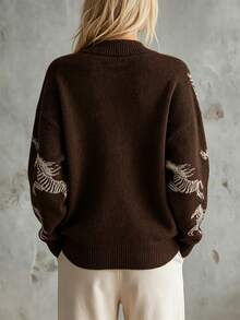 Women's V-Neck Long Sleeve Sweater, Suitable For Autumn Wear, Vintage Brown Zebra Print V-Neck Pullover Knit Sweater, Loose Slouchy, Slimming Soft Niche Design, Commute Casual Versatile Top - Coffee Brown - View 2