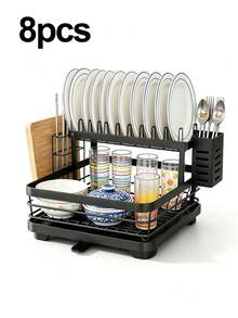 VOOVA 2 Tier Carbon Steel Kitchen Counter Dish Rack Strainer, Large Capacity Tableware Storage Organizer Shelf With Removable Drainboard & Side Caddy Holder For Home Cooking Area - Black - View 8