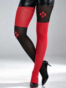 Red & Black Color Block Diamond Pattern Tights, Women's Long Stockings, Suitable For Theme Party Costumes - Red - View 2