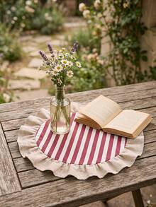 1/2/4/6/12pcs Red And White Striped Placemats, Fresh Natural Style, Fabric Material, Round Beige Ruffle Edge Detail, Stain-Resistant Protection For Tabletop And Decorative Enhancement, Suitable For Daily Tea And Natural Home Decor - Red - View 8