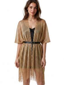 Shiny Beaded Fringe Open Front Women's Shawl, Breathable Mesh Sun Protection Cover-Up, Versatile Scarf Jacket For Banquet Wedding Dress, V-Neck Open Front No-Button Design, Suitable For Daily Wear With Dresses And Inner Layers, Multiple Colors Available - Multicolor - View 2