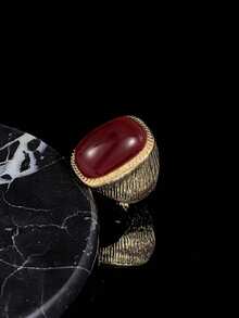 1pc Vintage Cushion-Shaped Red Gemstone Inlaid Gold Twisted Frame Fashion Ring, Women's Retro Style Finger Jewelry - Red - View 6