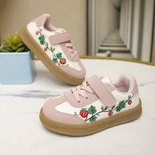 Girls' Pink And White Colorblock Training Shoes, Strawberry Embroidery Hook And Loop Retro Rubber Sole Casual Sneakers - Pink - View 1
