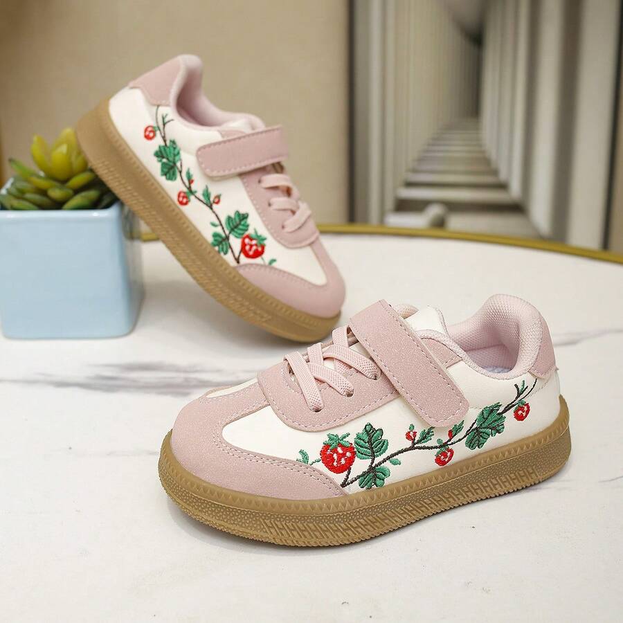 Girls' Pink And White Colorblock Training Shoes, Strawberry Embroidery Hook And Loop Retro Rubber Sole Casual Sneakers - Pink - View 1