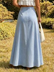Women's Vintage Blue Striped Denim Maxi Skirt, Casual Straight Fit, Button Detail Design, Non-Stretch Fabric, Suitable For Daily Wear - Light Wash - View 2