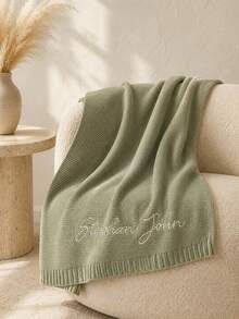 1PC Custom Text Embroidered Solid Knit Throw Blanket With Ribbed Edge, 7 Color Options, Decorative Layer For Armchair Home Office Space, Great Housewarming Anniversary Gift For Loved Ones - Multicolor - View 6
