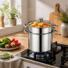 Stainless Steel 6L Steamer Pot With Double Tier And Glass Lid, Multi-Purpose Healthy Cooking Steamer, 21.5 Cm Diameter, 29.5 Cm Height, Silver Color - View 9