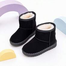 1 Pair Kids Black Plush Lined Minimalist Snow Boots, Suitable For Autumn/Winter Outdoor Play - Black - View 4