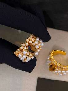 1 Pasang Cincin Mewah Musim Gugur/Dingin dengan Batu Mata Harimau dan Zirkonia Kubik untuk Wanita, Cocok untuk Pemakaian Sehari-hari Saat Berpergian - Yellow Gold - View 5